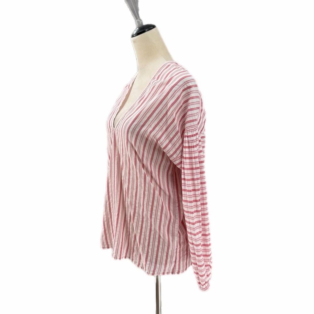 Vince Red & White Variegated Stripe 100% Cotton Long Sleeve V-Neck Blouse Top - Picture 3 of 11